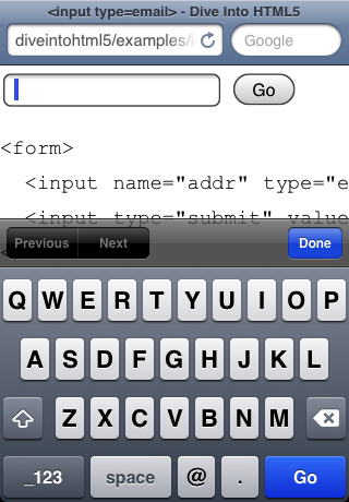 note the dedicated @ and . keys next to the space bar iPhone rendering input type="email" field